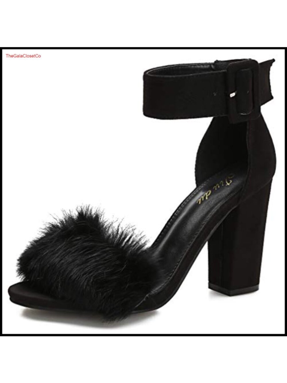 Faux Fur Block Heels Ankle Strap Open Toe Sandals